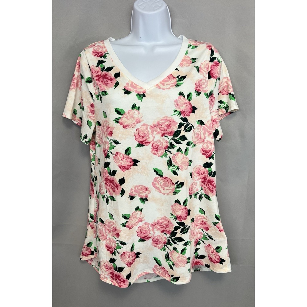 Lularoe Christy Top Tunic White Pink Roses Sz Large V Neck NWT‎